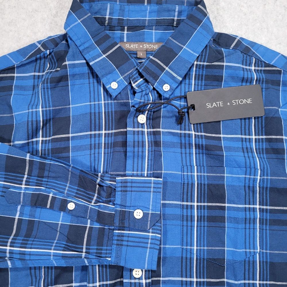 Slate & Stone Madras Long Sleeve Button Up Shirt Mens Large Blue Plaid‎